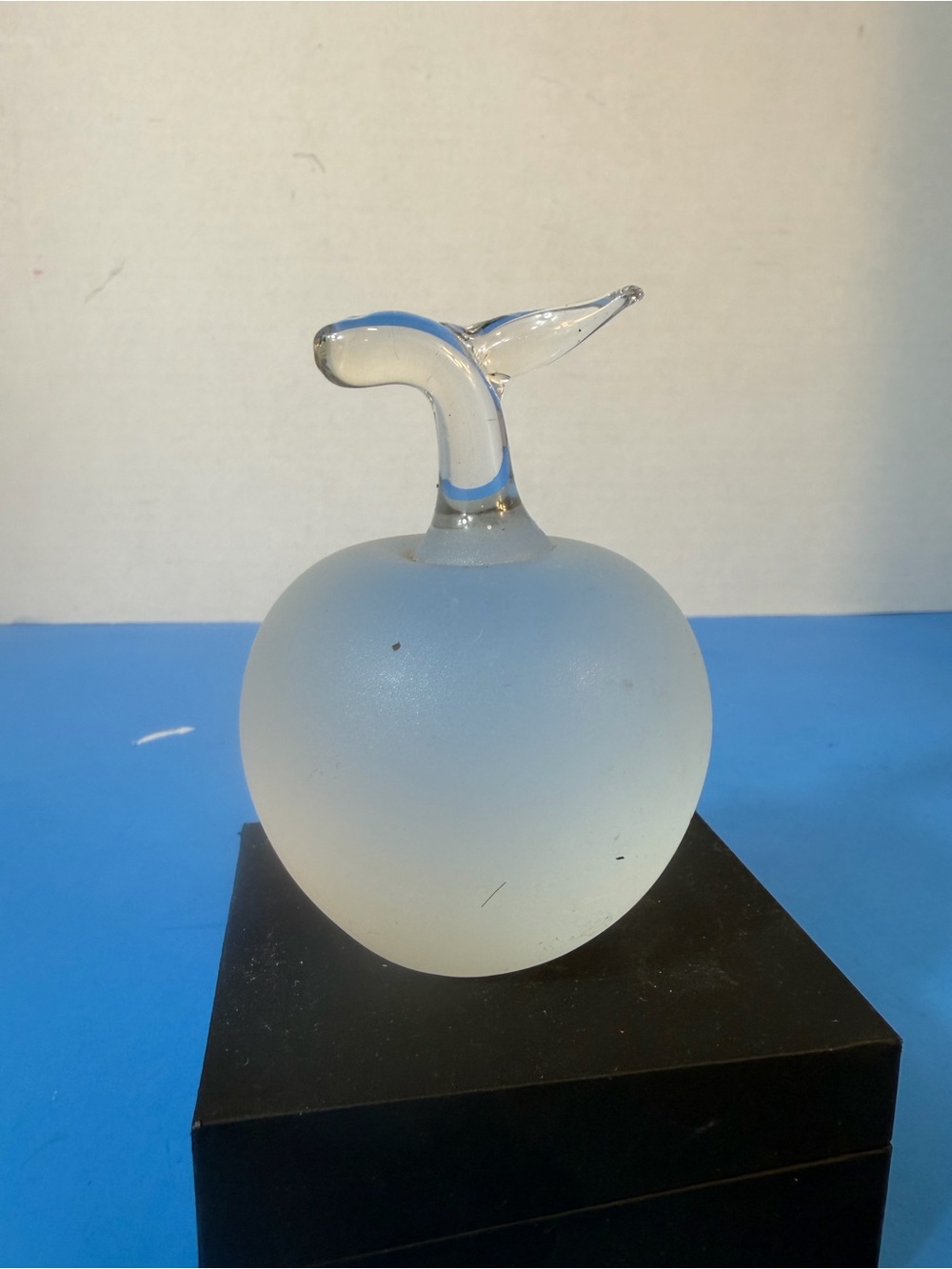 Frosted Blue Glass Apple Sculpture - Decorative Home Art